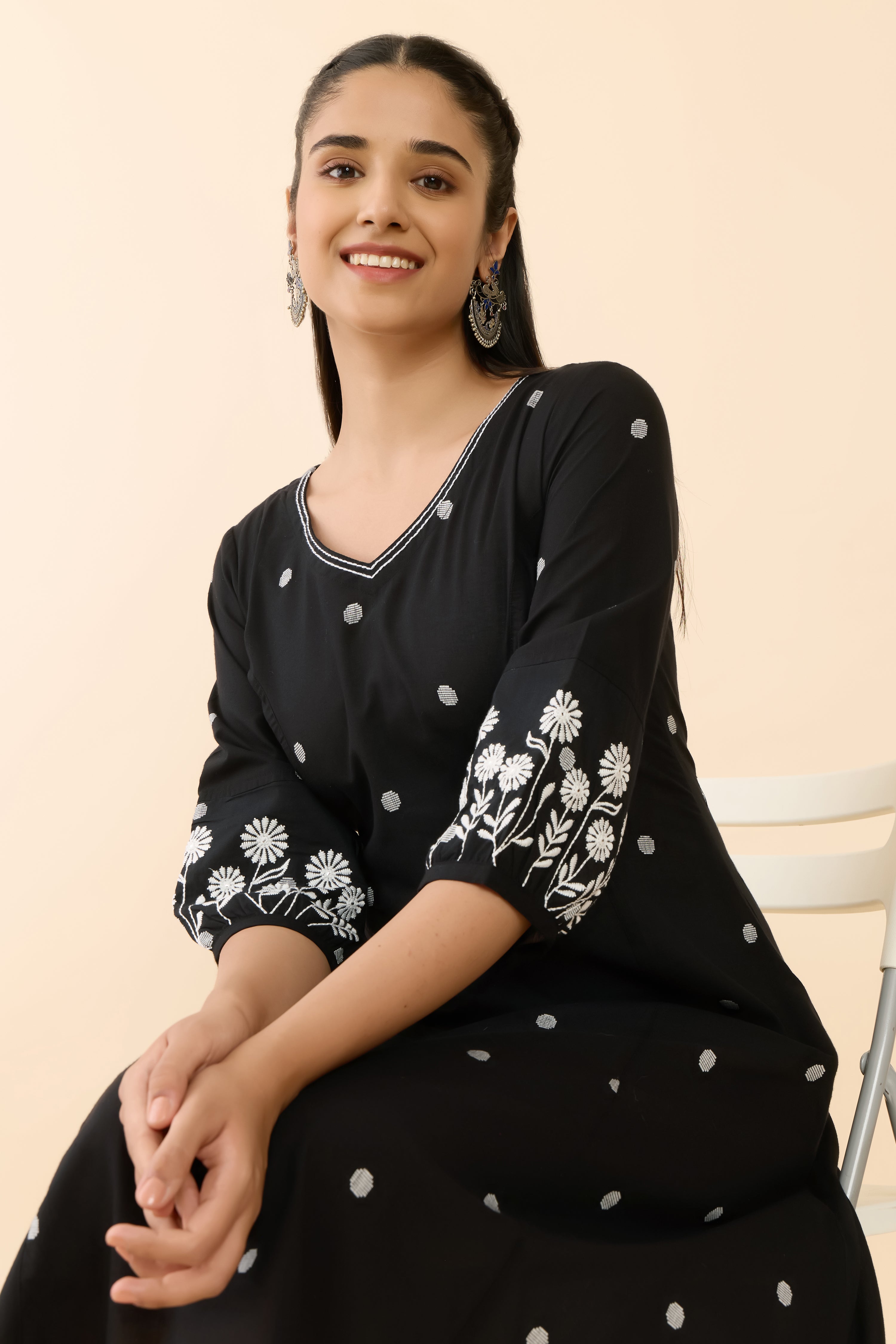 BLACK DOBBY TEXTURED A-LINE ETHNIC DRESS