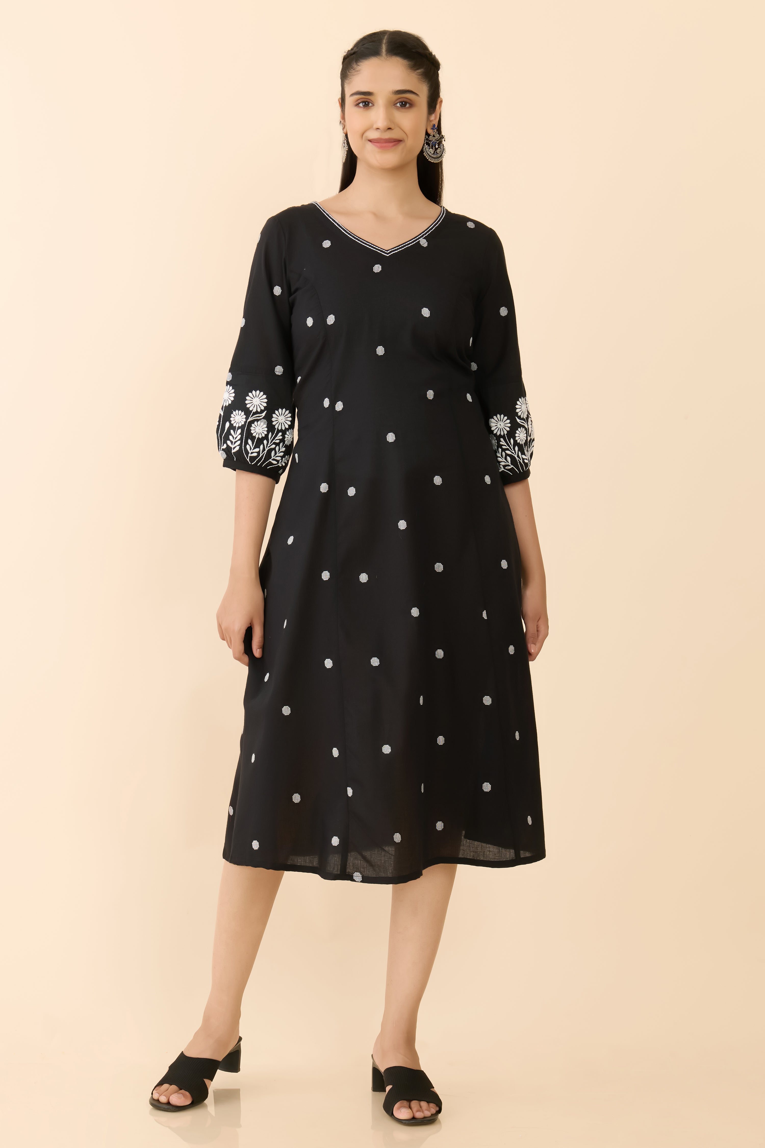 BLACK DOBBY TEXTURED A-LINE ETHNIC DRESS