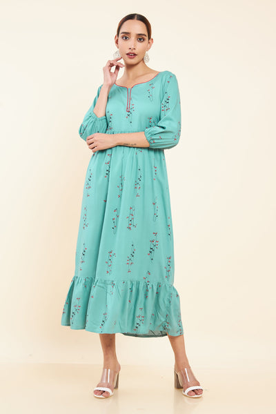 All Over Floral Printed A Line Kurta Blue