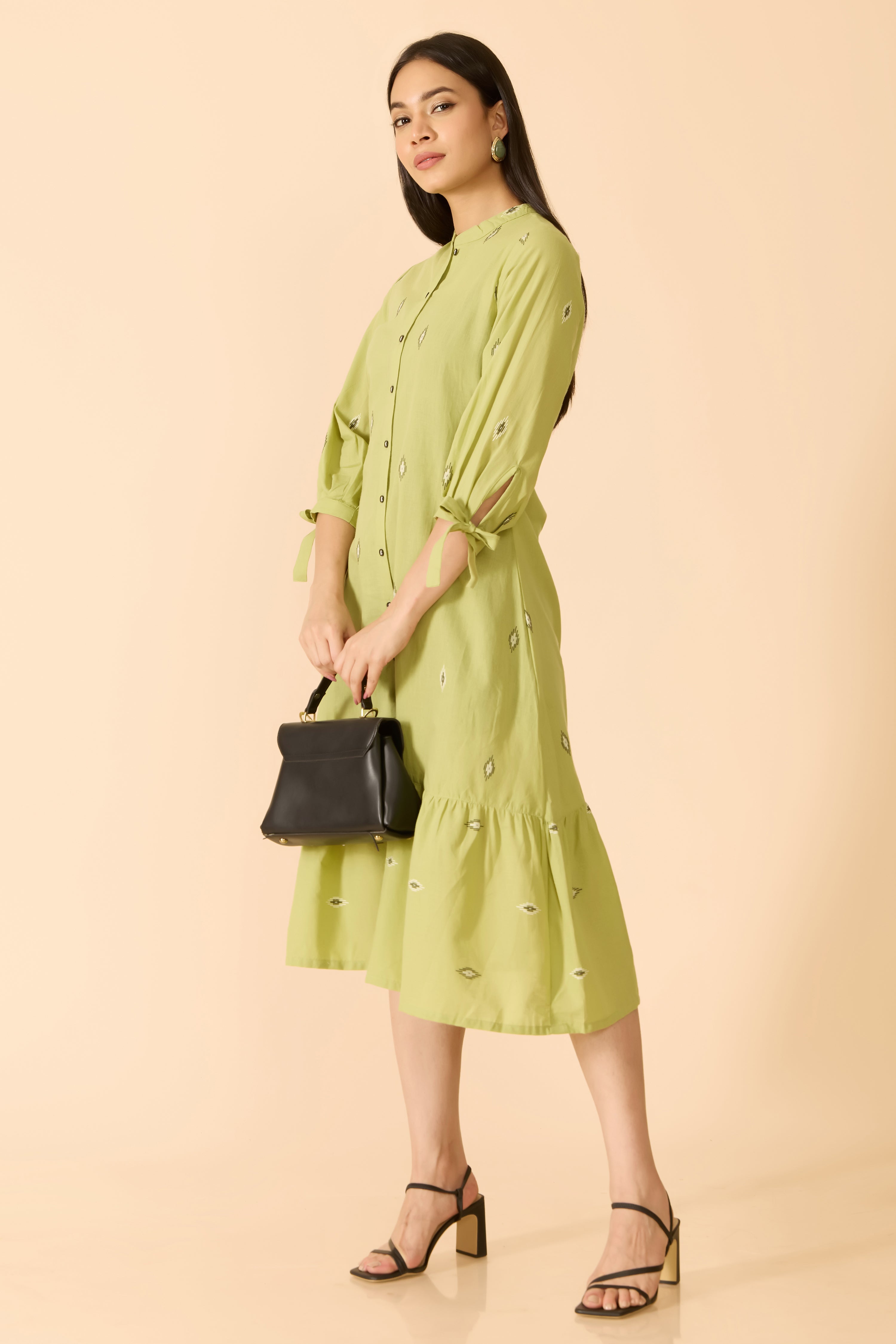 GREEN DOBBY COTTON ETHNIC DRESS