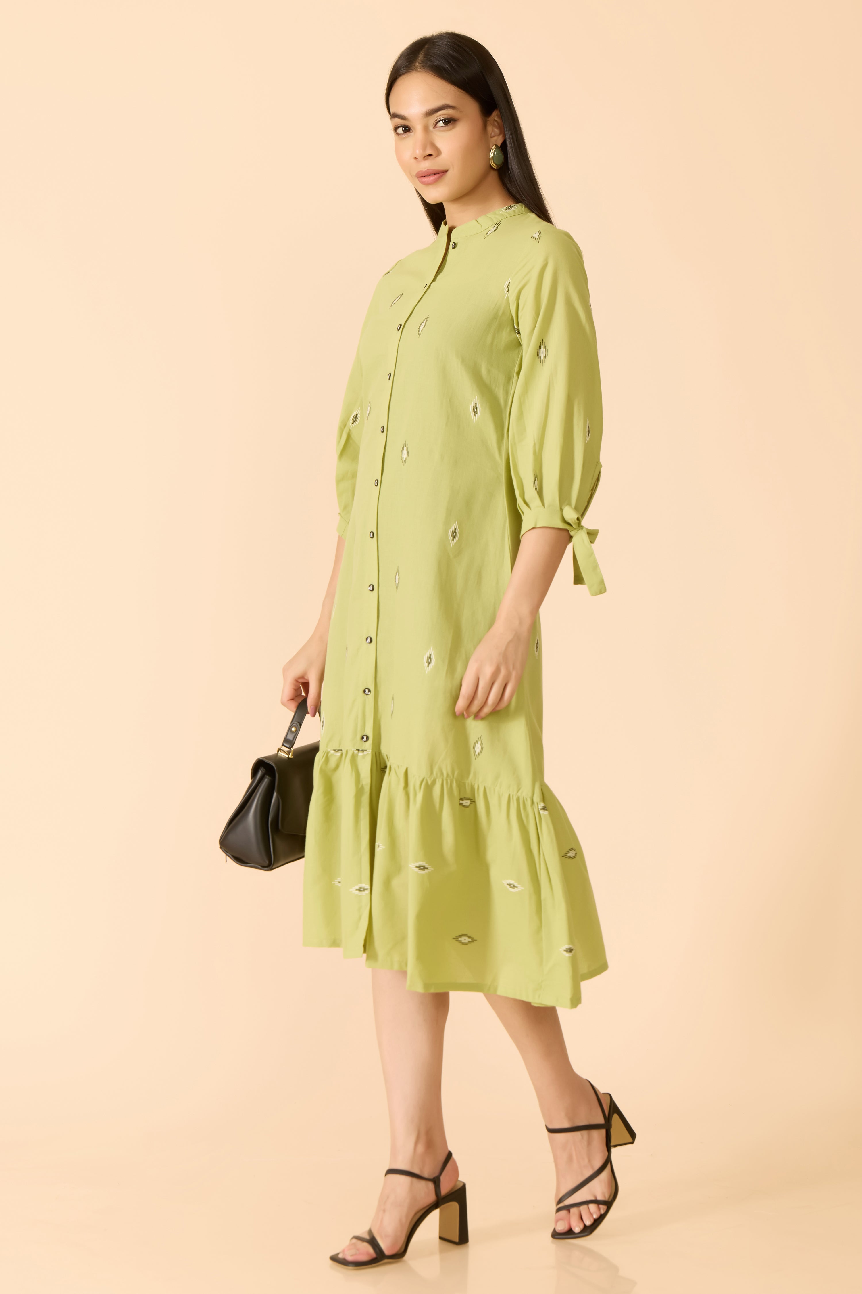 GREEN DOBBY COTTON ETHNIC DRESS