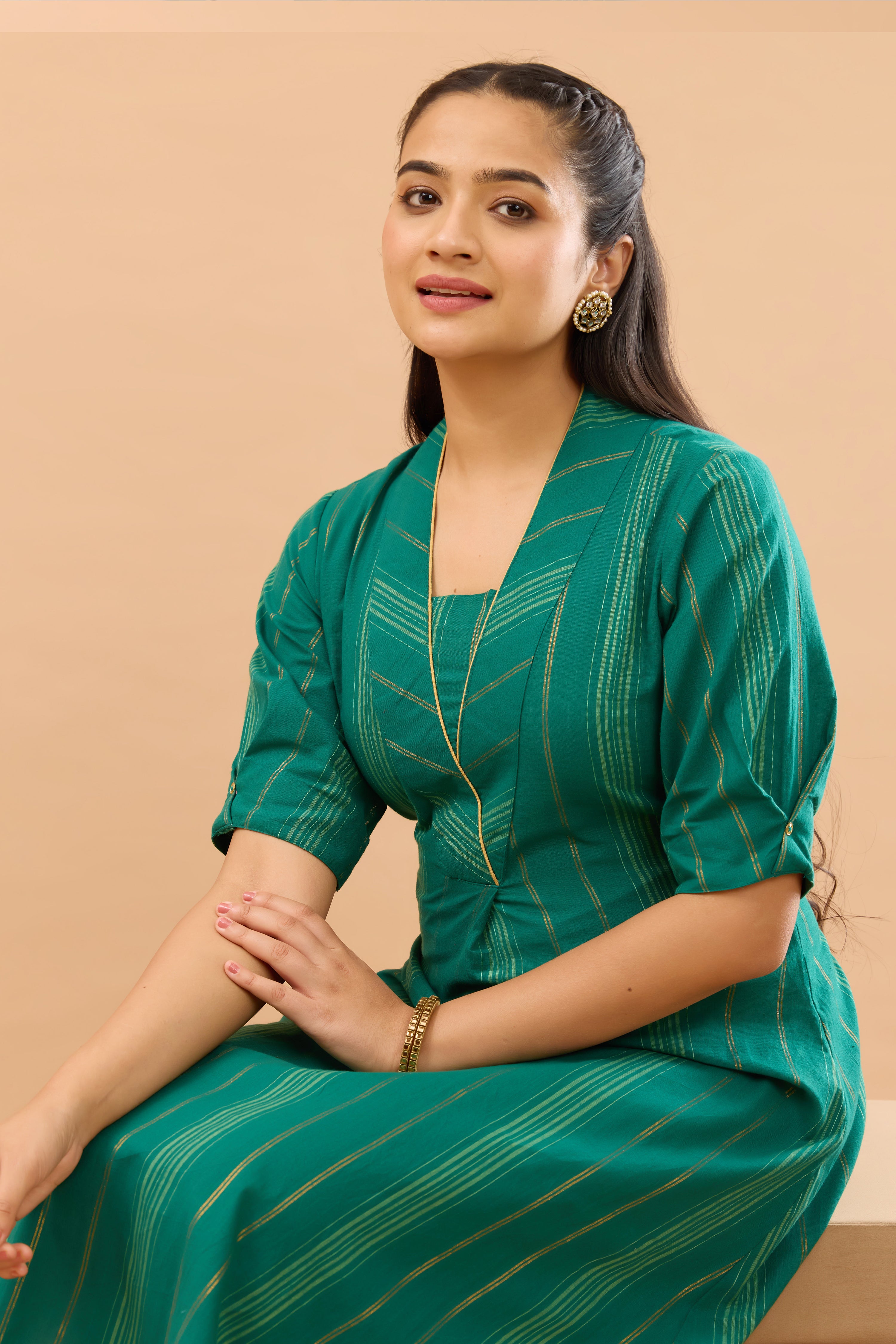 Green Striped V Neck Ethnic Dress