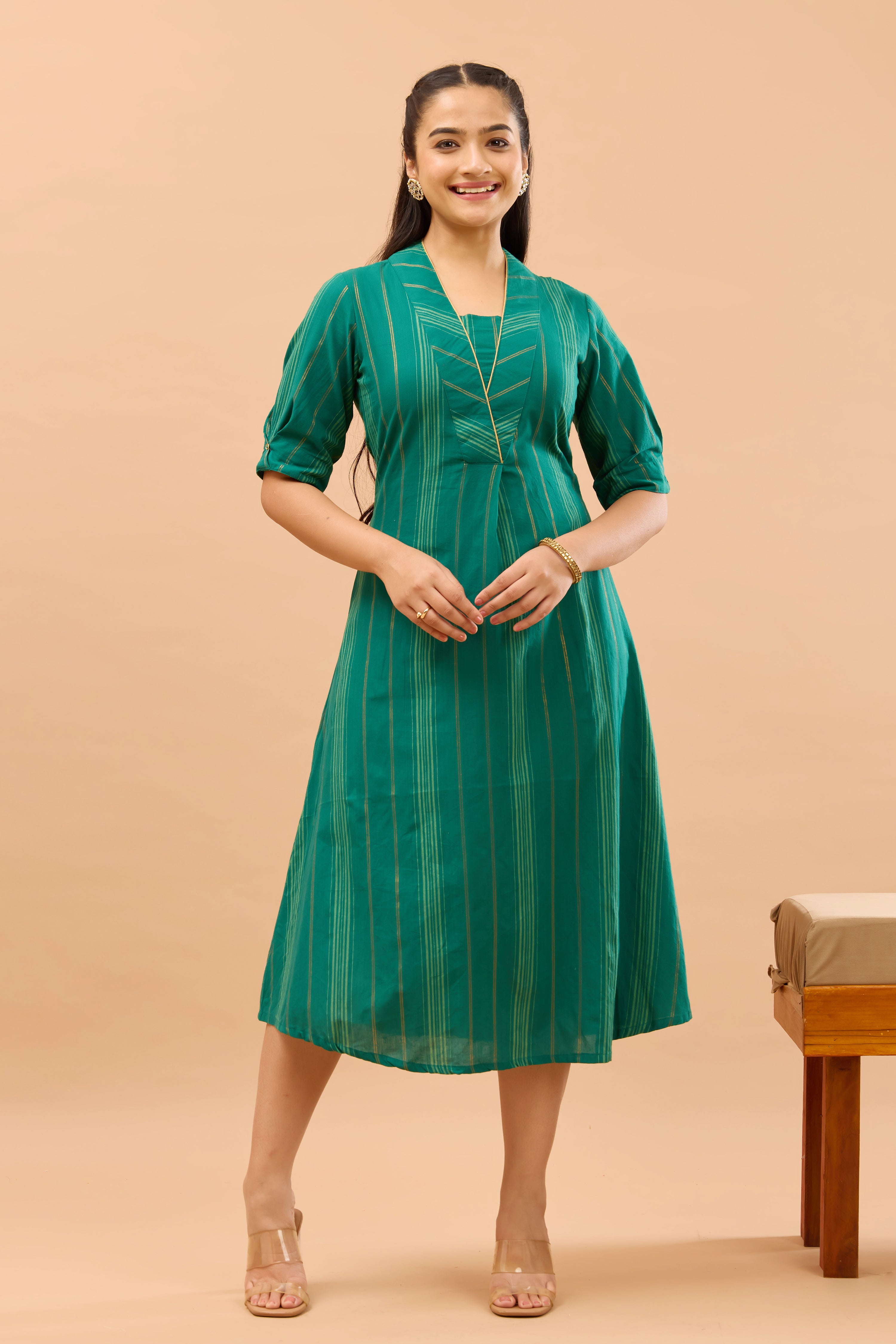 Green Striped V Neck Ethnic Dress