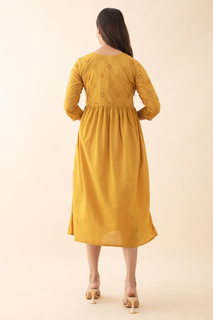 Floral Schiffli A-Line Dress - Mustard