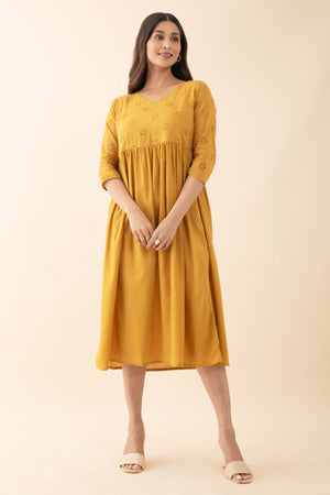 Floral Schiffli A-Line Dress - Mustard