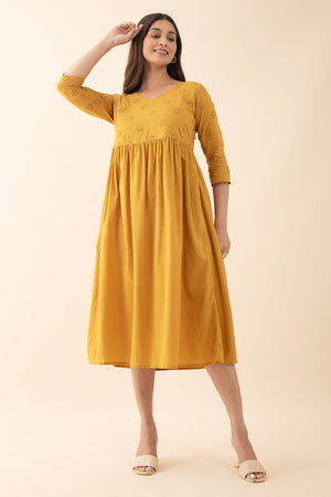 Floral Schiffli A-Line Dress - Mustard