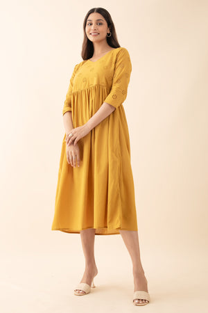 Floral Schiffli A-Line Dress - Mustard