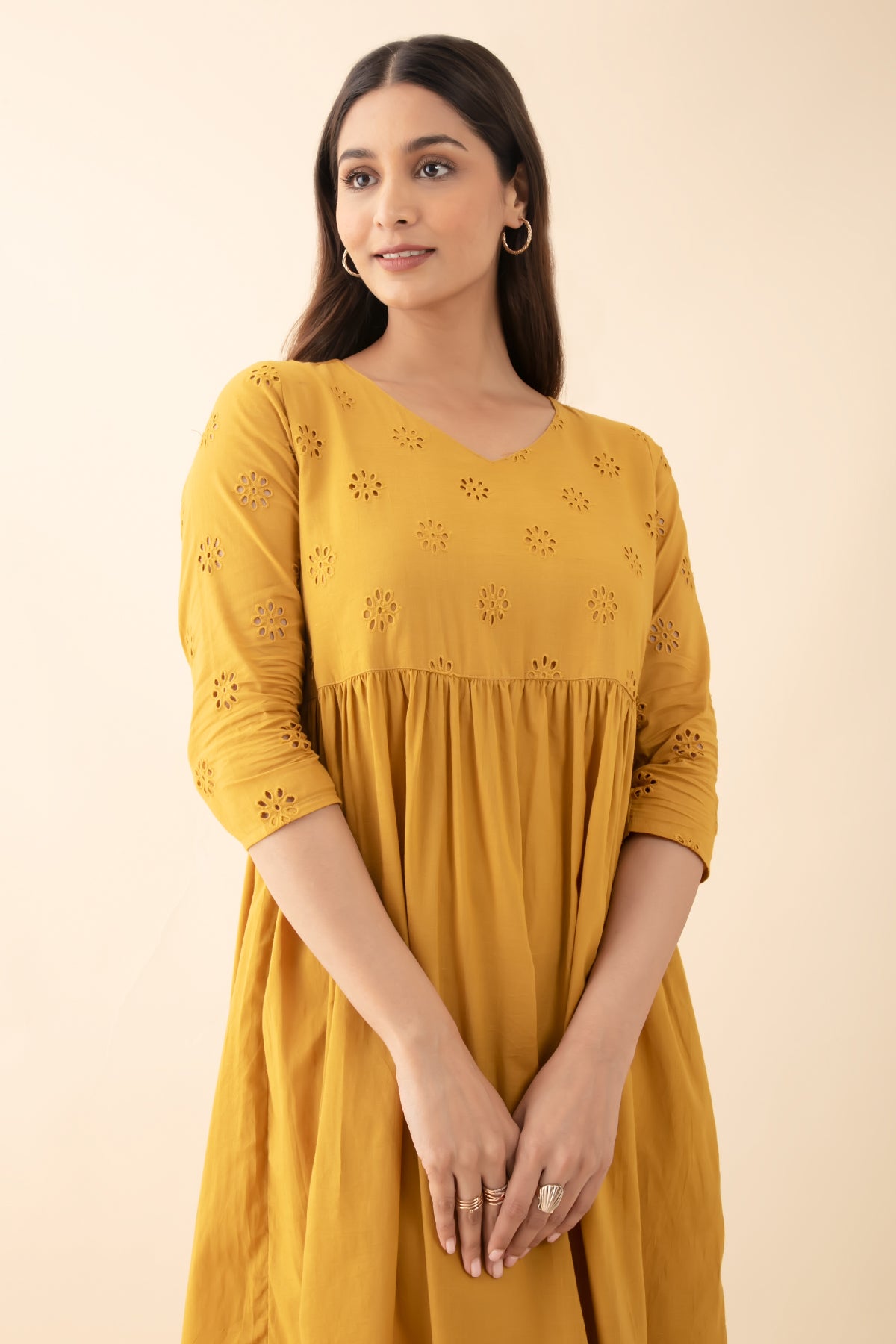 Floral Schiffli A-Line Dress - Mustard