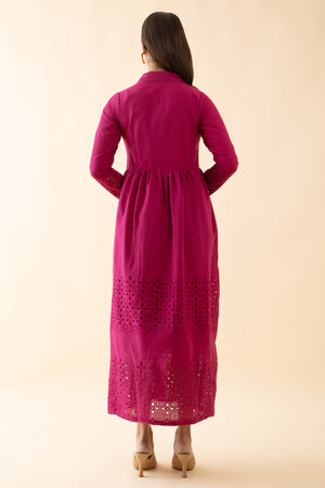 Schiffli A-Line Ethnic Dress - Magenta