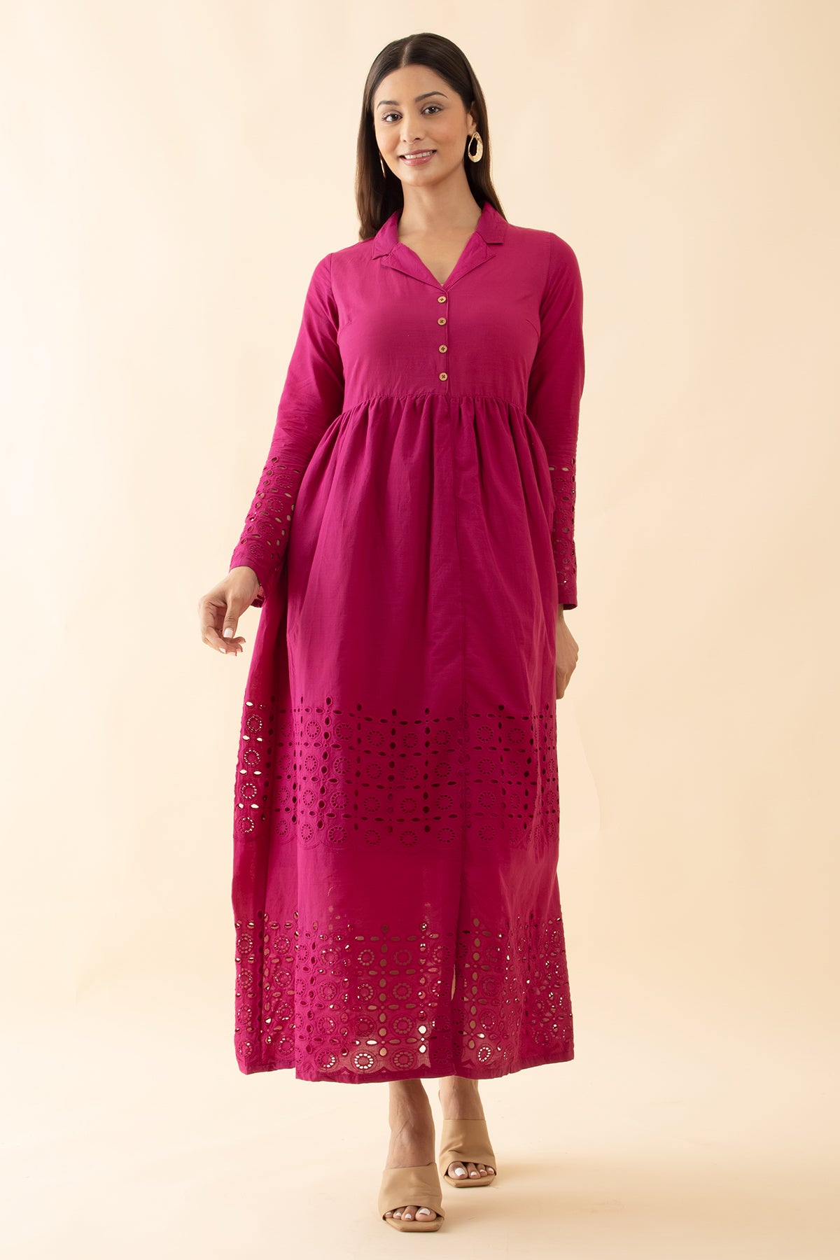 Schiffli A-Line Ethnic Dress - Magenta