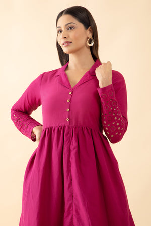 Schiffli A-Line Ethnic Dress - Magenta