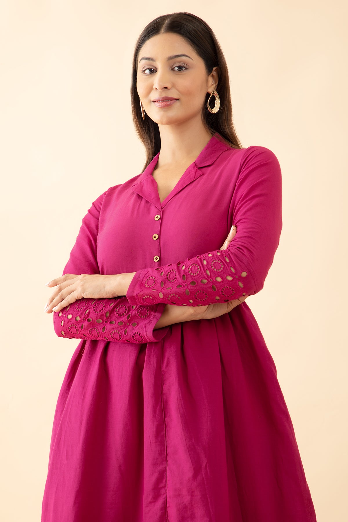 Schiffli A-Line Ethnic Dress - Magenta Maybell Womens Fashion Schiffli A-Line Ethnic Dress - Magenta Maybell Womens Fashion