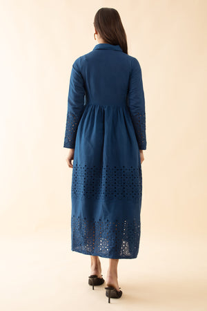 Schiffli A-Line Ethnic Dress - Navy Blue