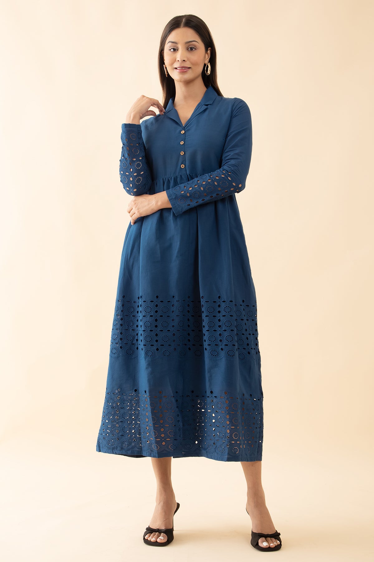 Schiffli A-Line Ethnic Dress - Navy Blue