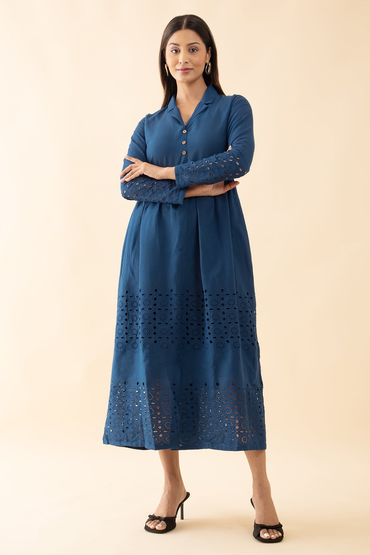 Schiffli A-Line Ethnic Dress - Navy Blue