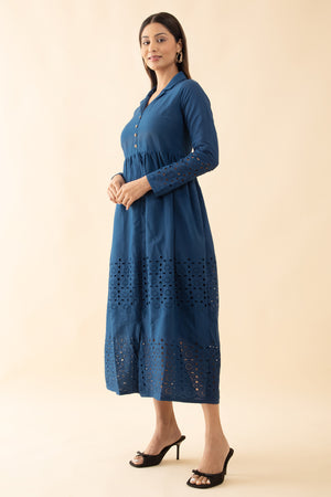 Schiffli A-Line Ethnic Dress - Navy Blue