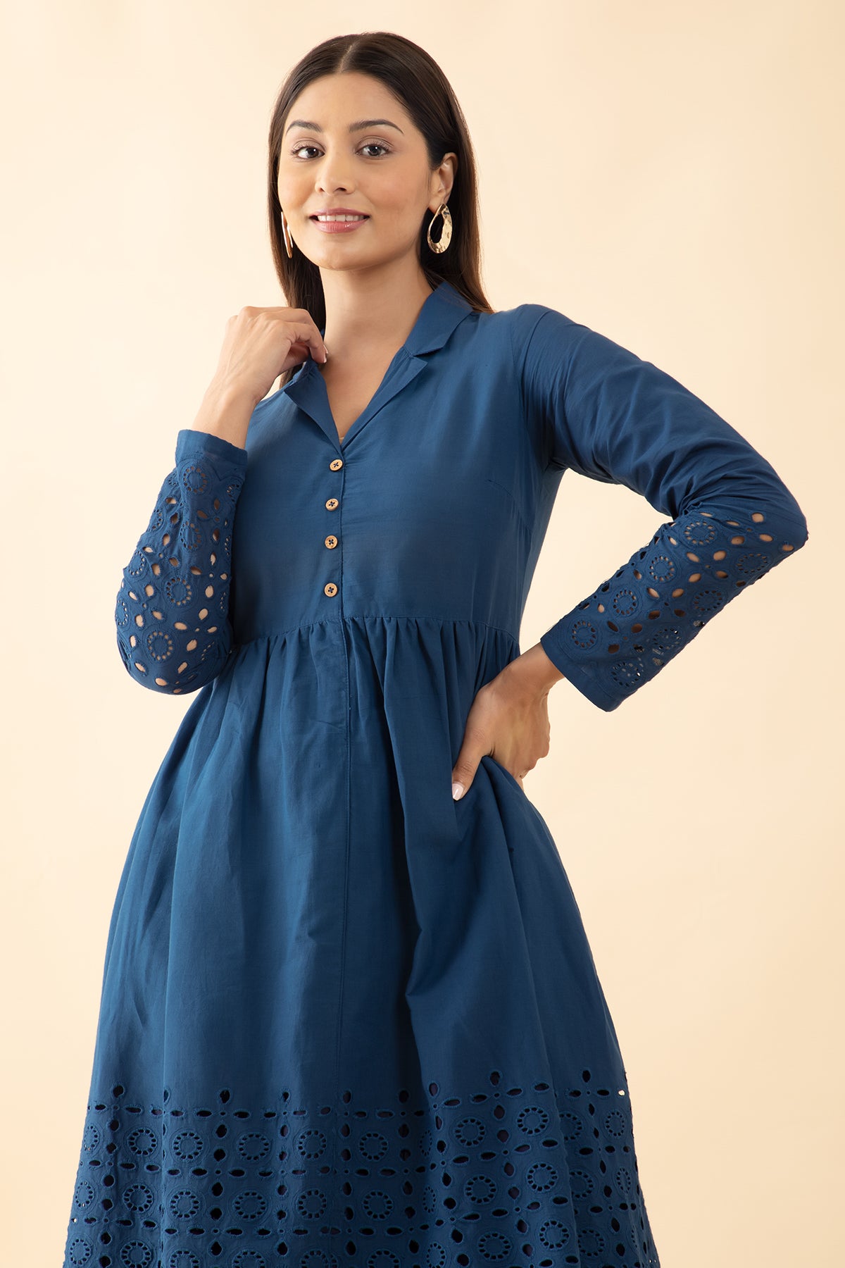 Schiffli A-Line Ethnic Dress - Navy Blue