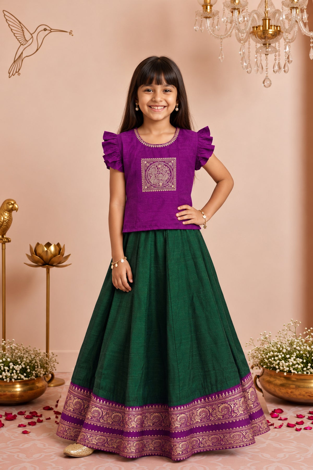Purple Peacock Embroidered Panelled Kids Skirt Set