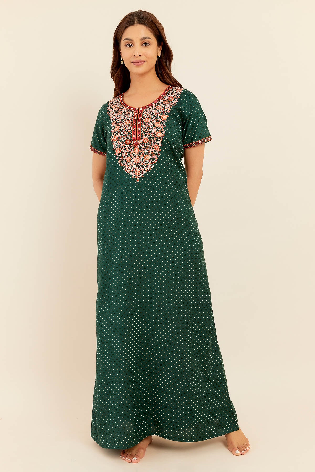 Allover Polka Dotted With Floral Embroidered Yoke Nighty - Green