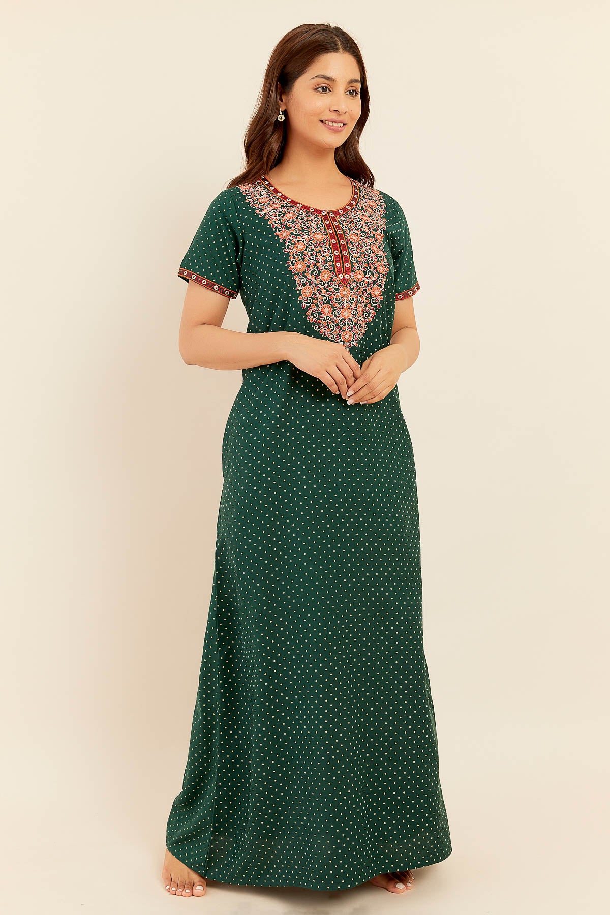 Allover Polka Dotted With Floral Embroidered Yoke Nighty - Green
