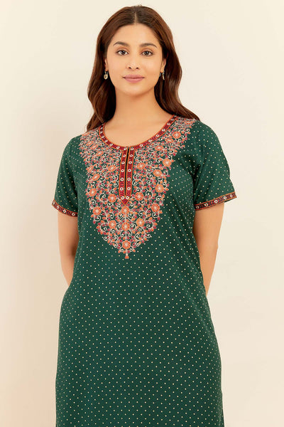 Allover Polka Dotted With Floral Embroidered Yoke Nighty Green