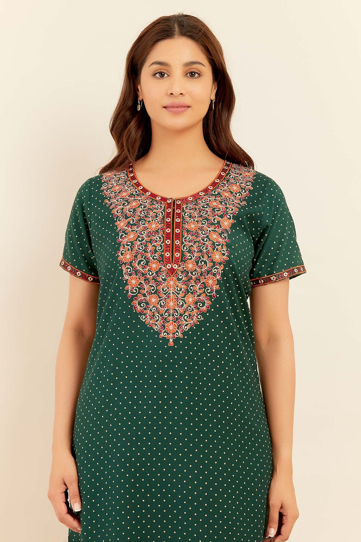 Allover Polka Dotted With Floral Embroidered Yoke Nighty Green