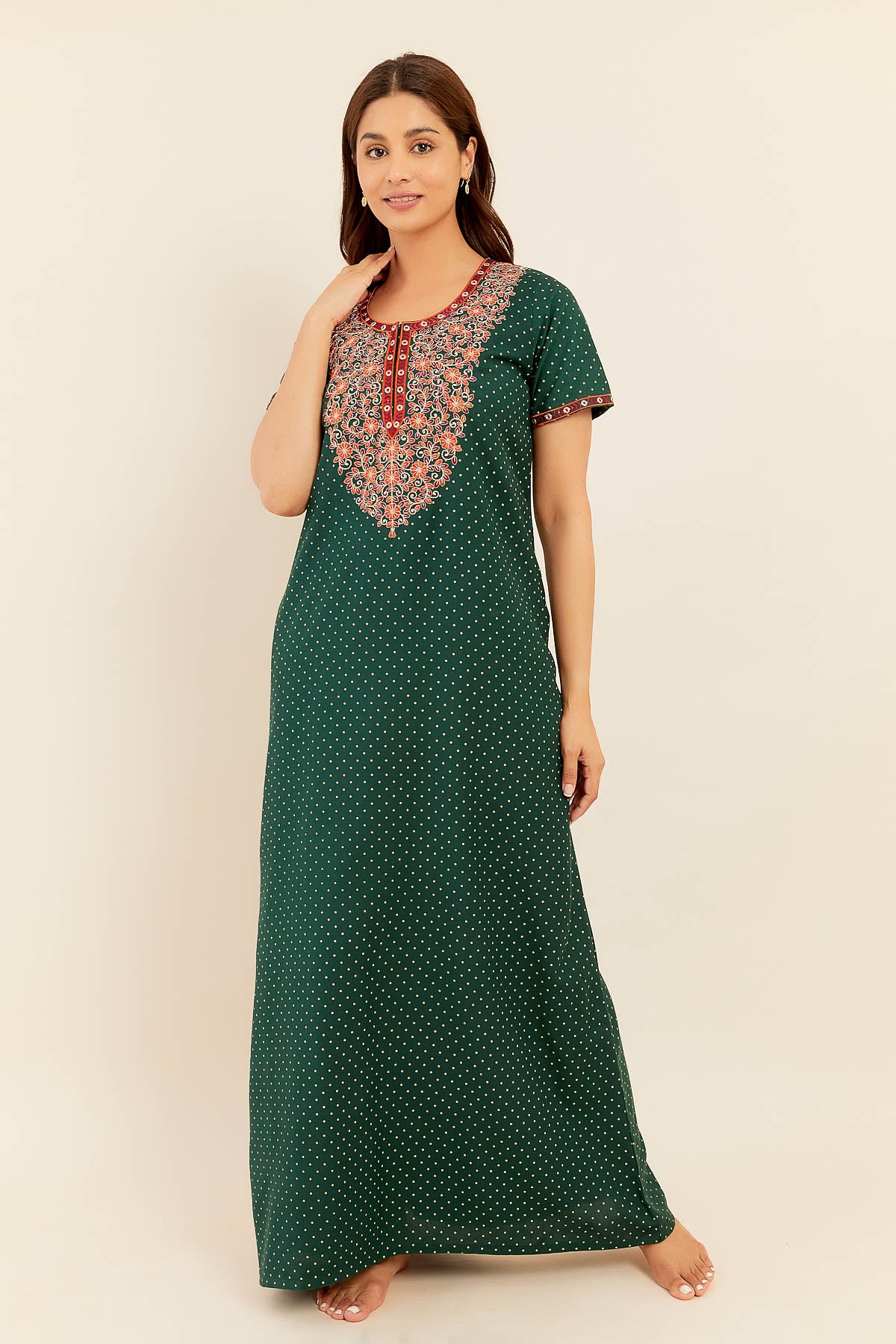 Allover Polka Dotted With Floral Embroidered Yoke Nighty Green