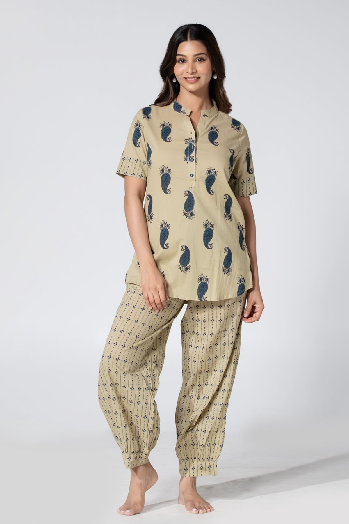 Paisley Printed Beige & Blue Cotton Pyjama Set