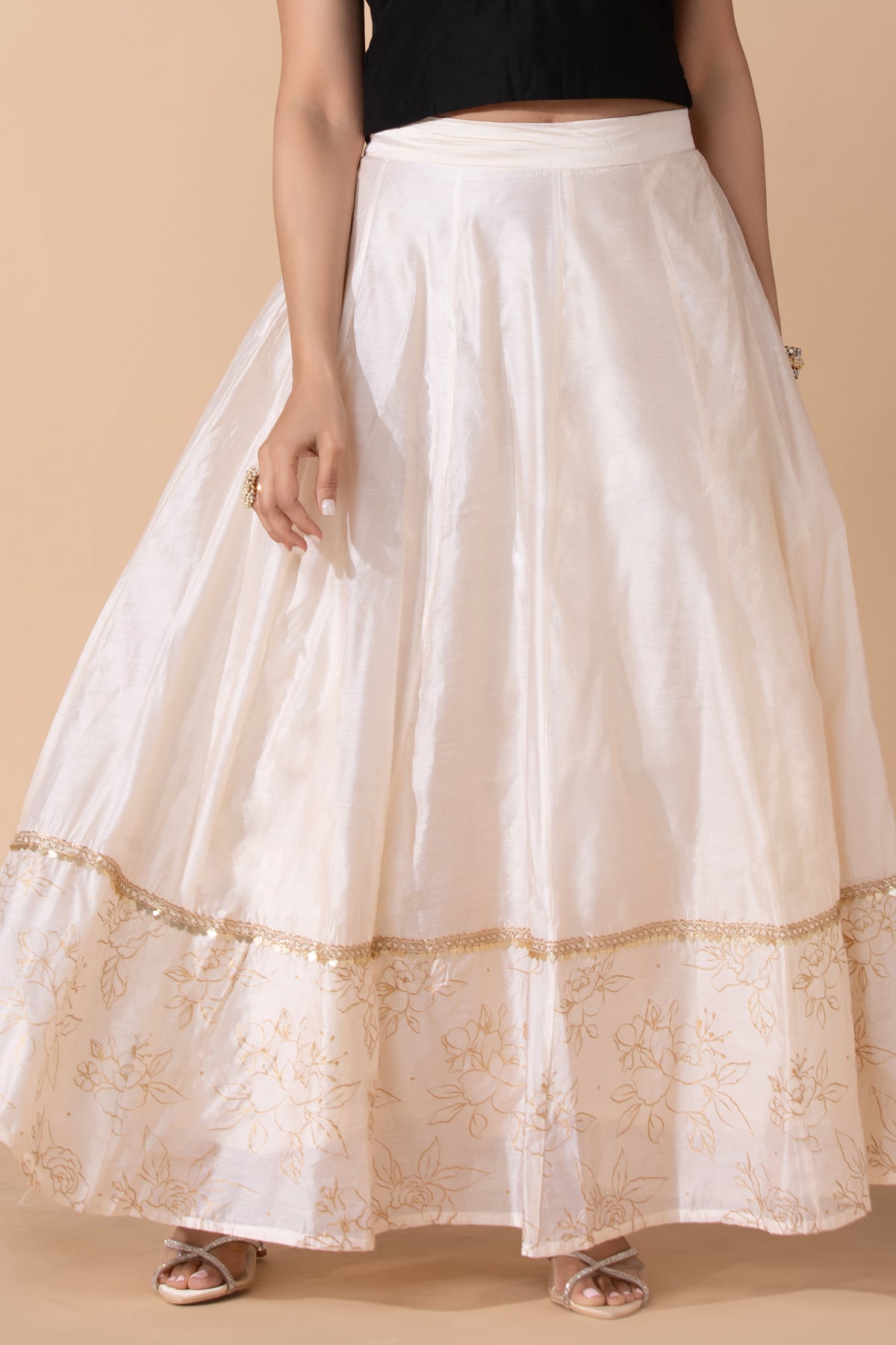 Off White Floral Printed Panelled Festive Skirt
