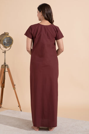 Brown Cotton Nighty with Kalamkari Yoke Patchwok