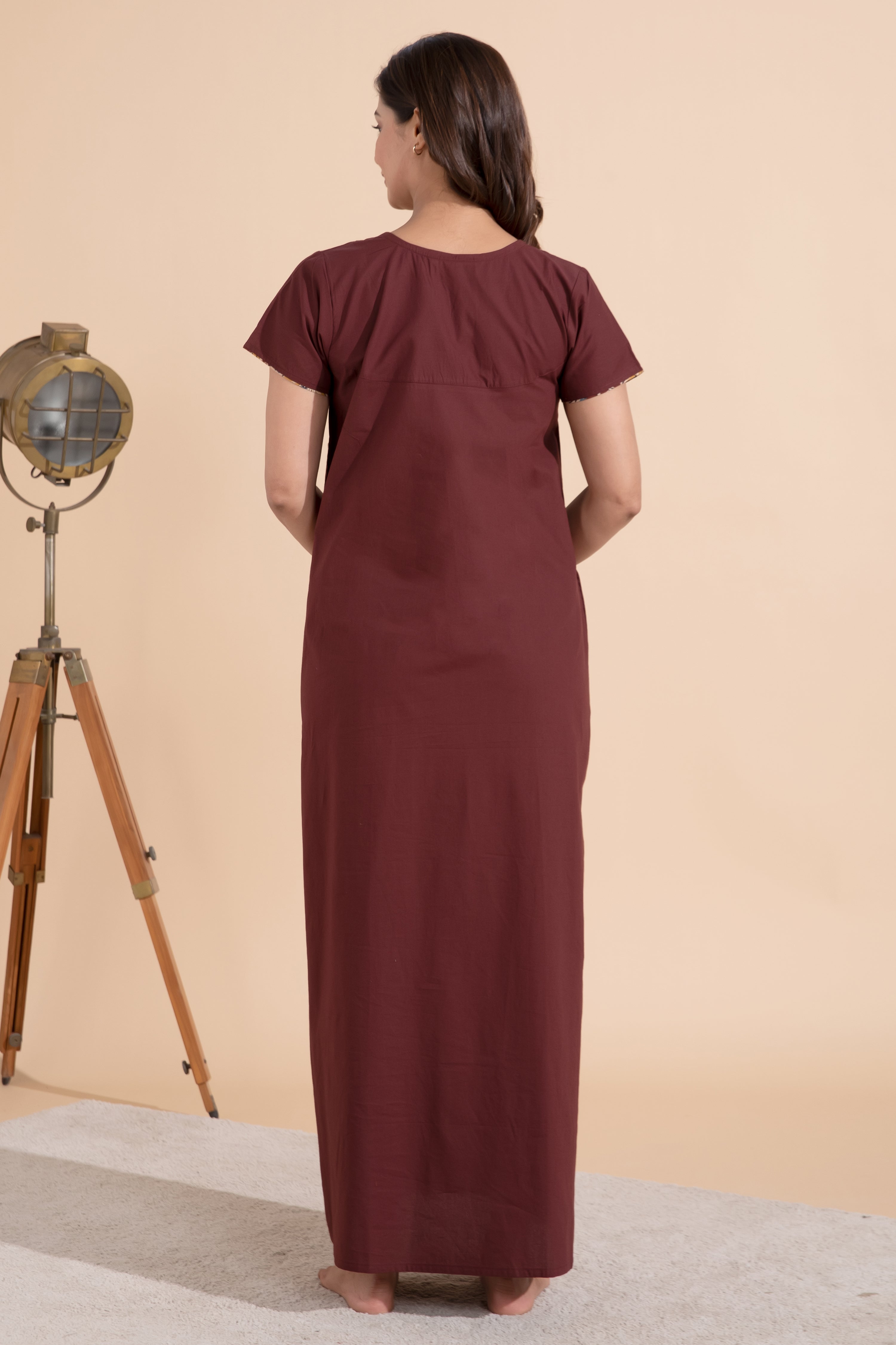 Brown Cotton Nighty with Kalamkari Yoke Patchwok