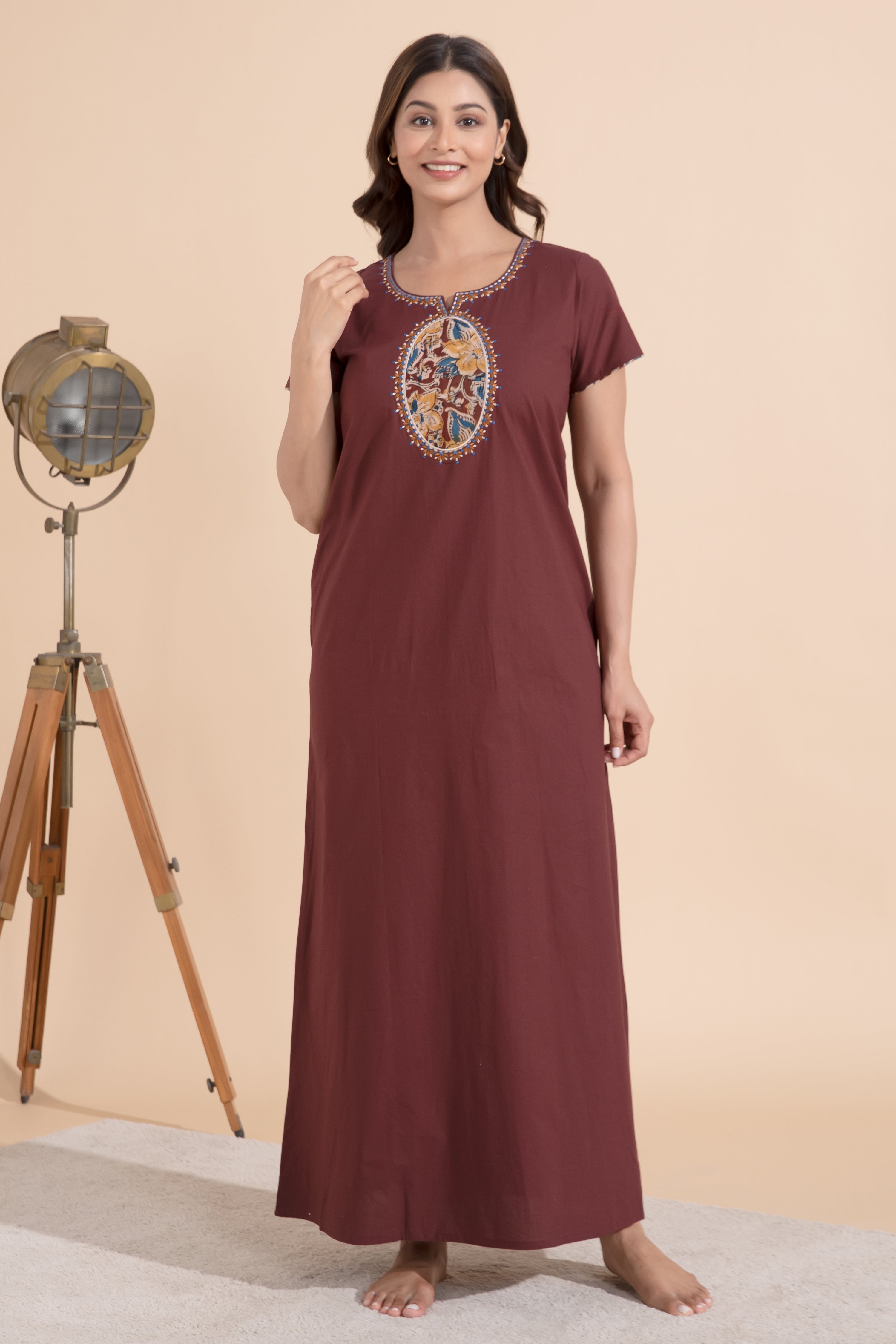 Brown Cotton Nighty with Kalamkari Yoke Patchwok