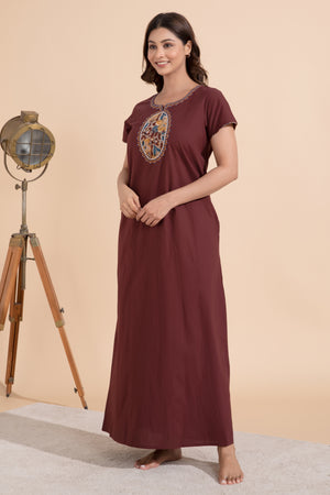 Brown Cotton Nighty with Kalamkari Yoke Patchwok