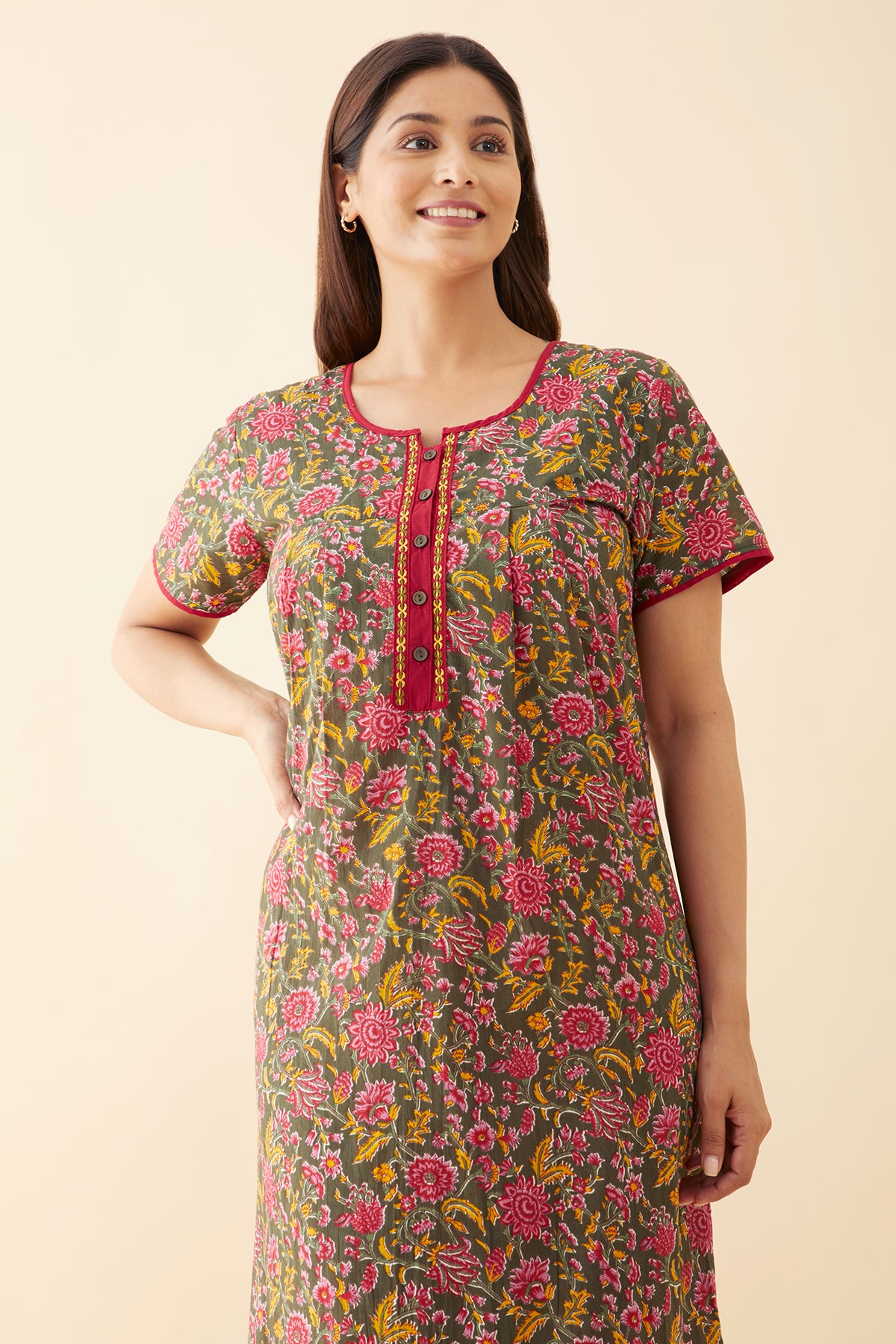 Jaipur Floral Printed Cotton Nighty - Green