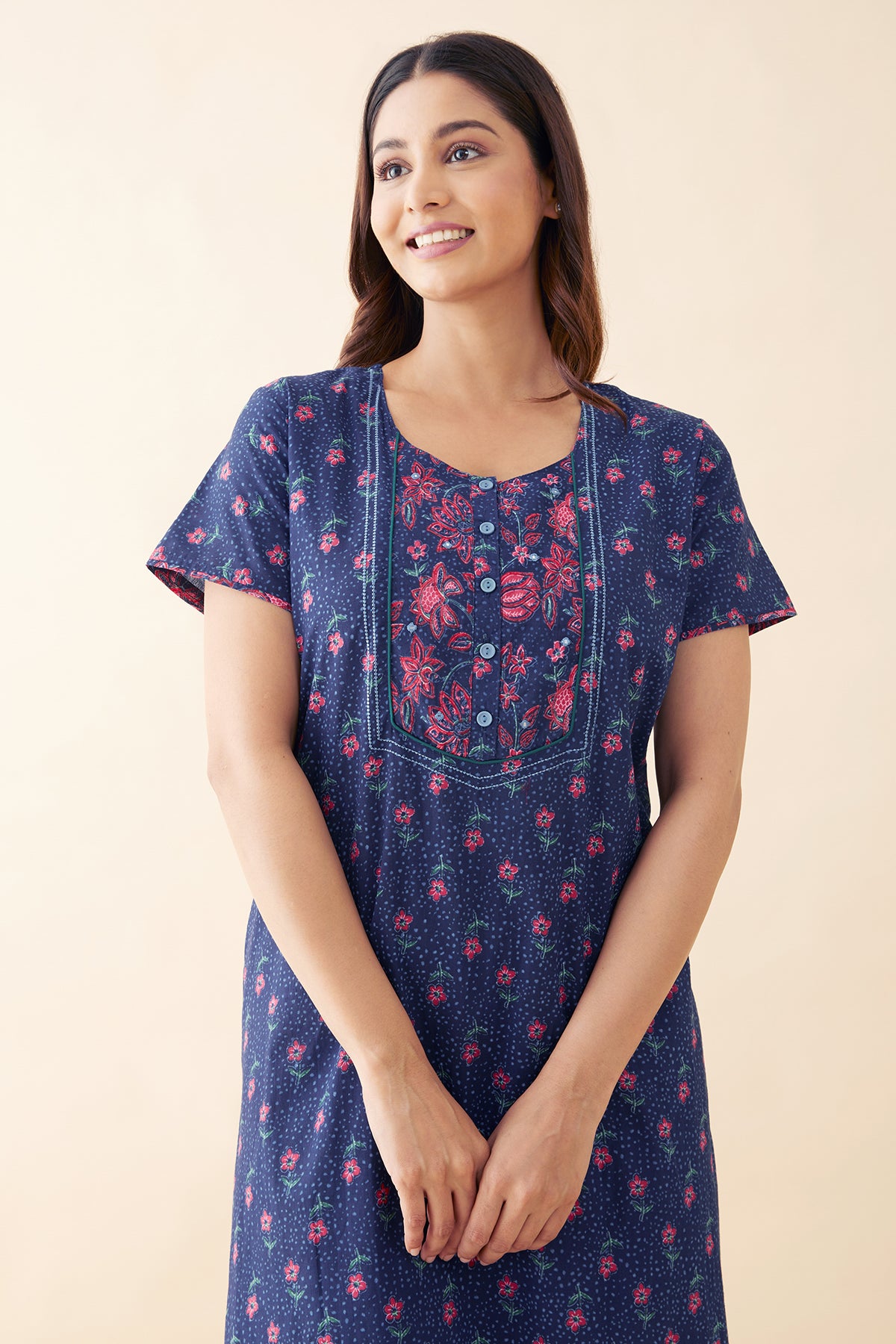 Ditsy Floral Printed Nighty - Blue