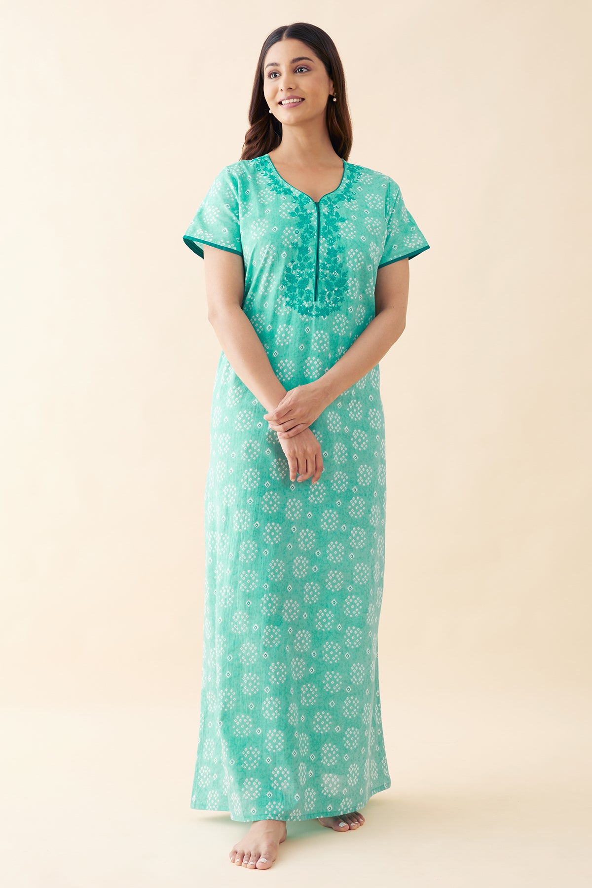 Bandhani Painted & Embroidered Nighty - Blue