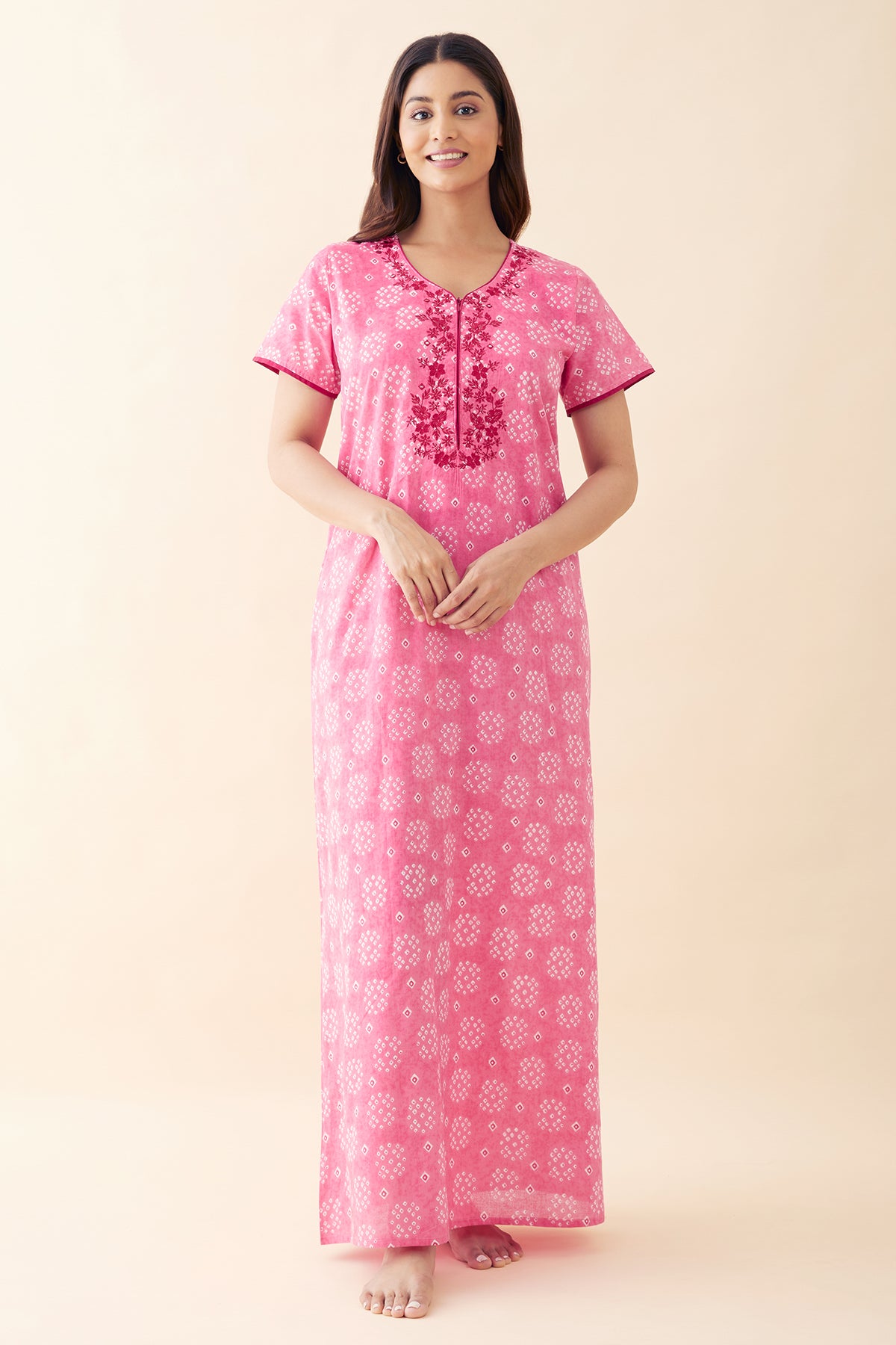 Bandhani Painted & Embroidered Nighty - Pink