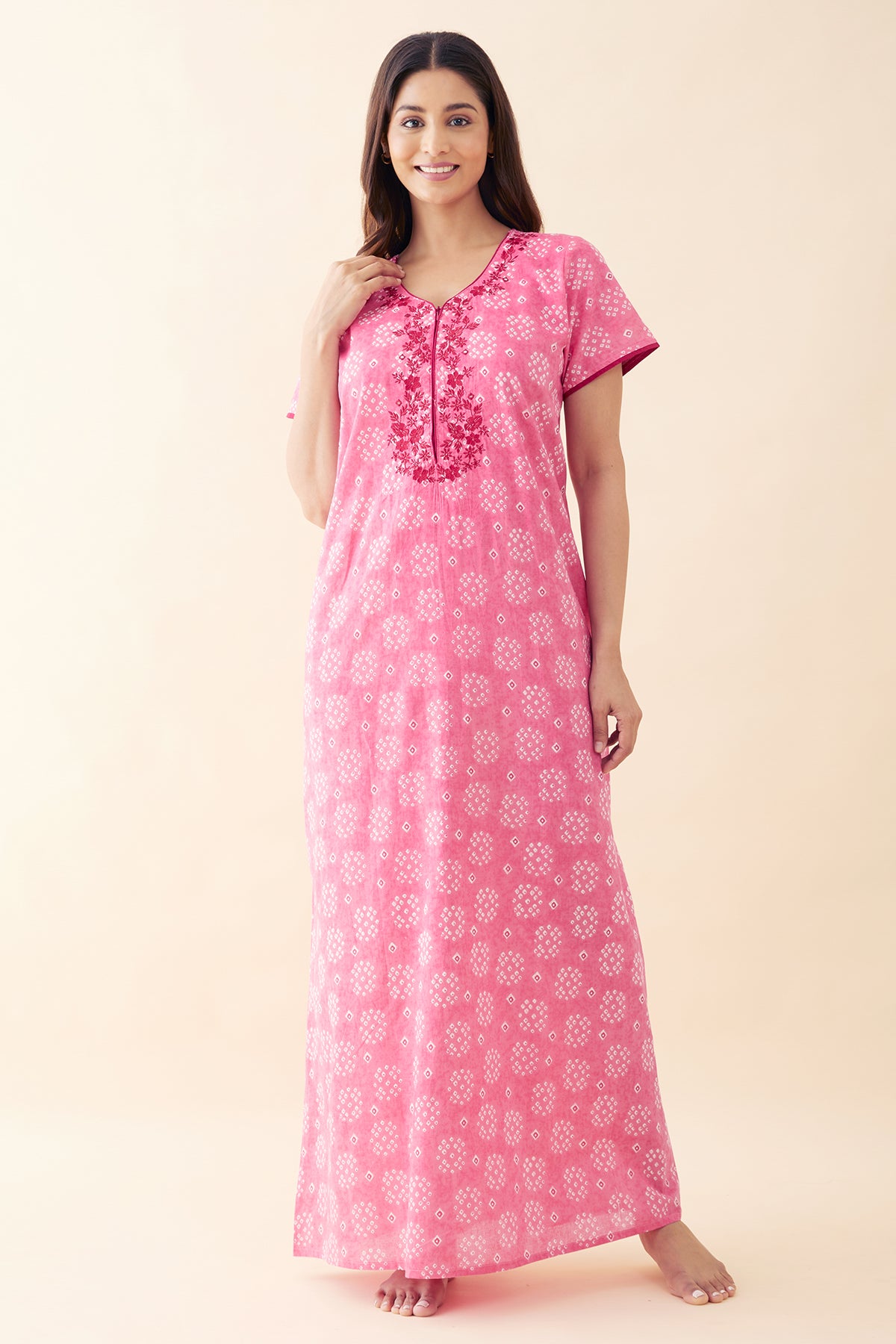 Bandhani Painted & Embroidered Nighty - Pink