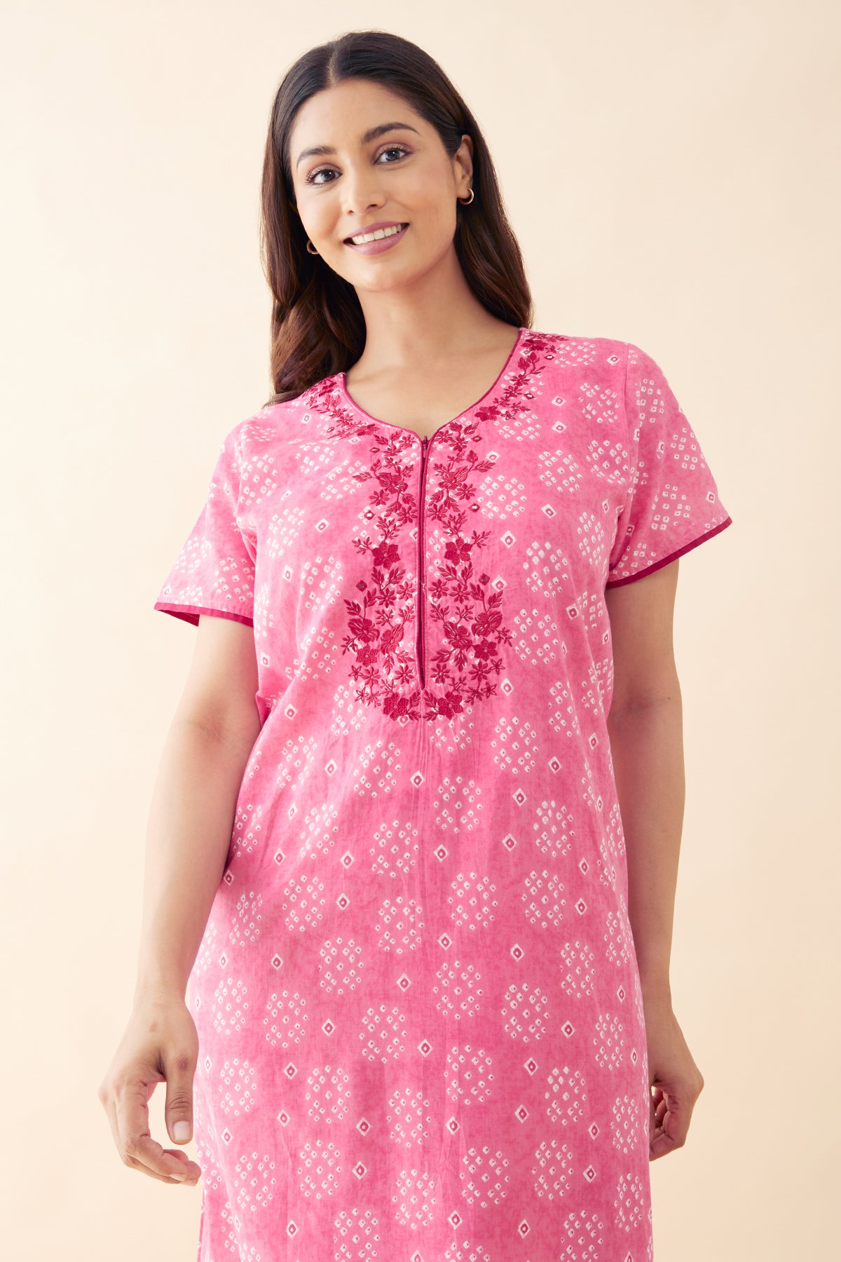 Bandhani Painted & Embroidered Nighty - Pink