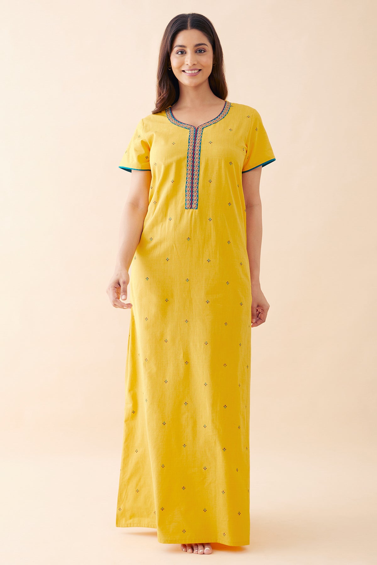 Contrast Embroidered Nighty - Yellow