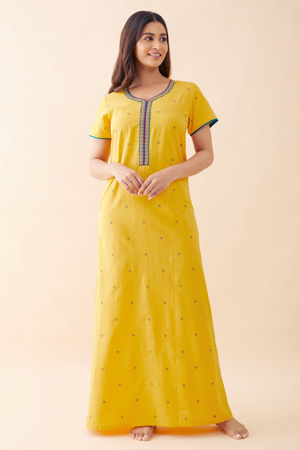 Contrast Embroidered Nighty - Yellow