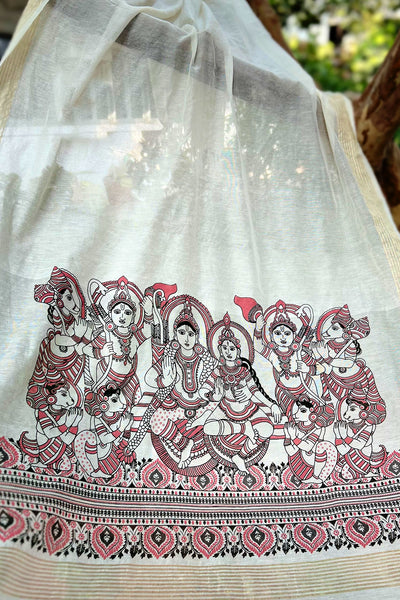 Thilagam Motif Embroidered Kurta Set With Ram Darbar Printed Dupatta - Rust Pink & Off White