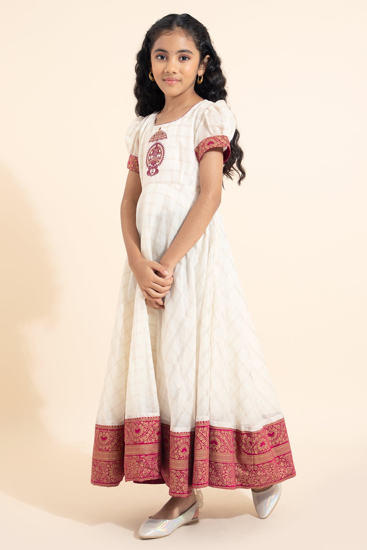 Kathakali Embroidered Kids Anarkali - Off-White & Pink