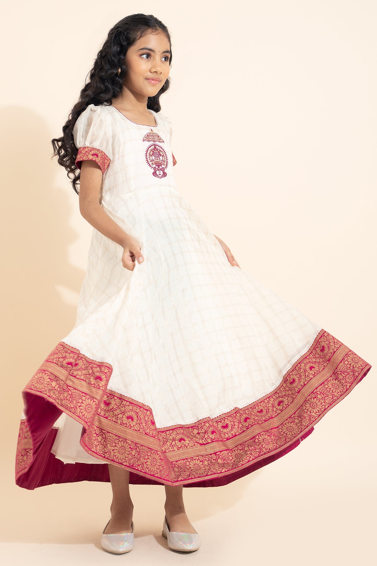 Kathakali Embroidered Kids Anarkali - Off-White & Pink
