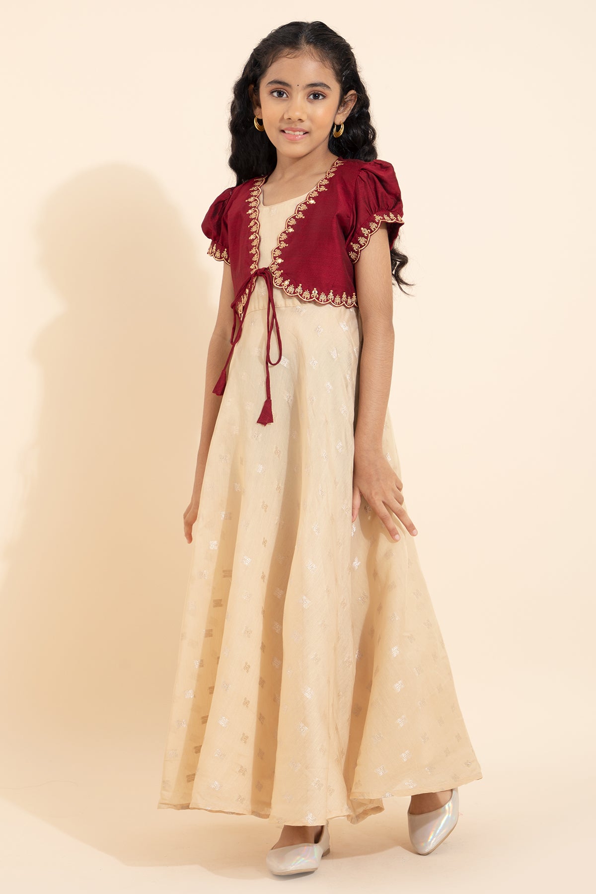 Brocade Kids Anarkali with Embroidered Overcoat - Beige & Maroon
