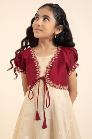 Brocade Kids Anarkali with Embroidered Overcoat - Beige & Maroon
