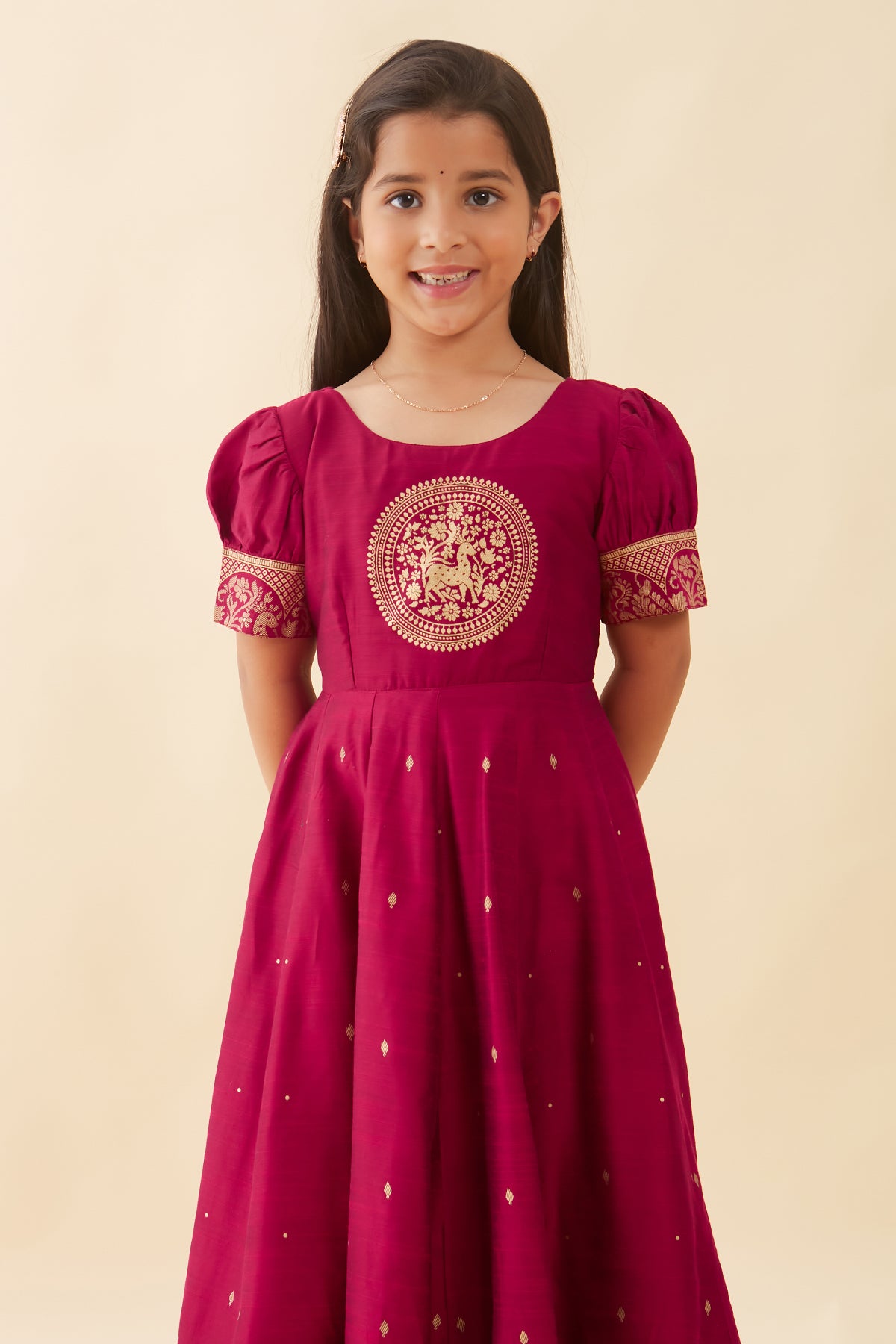 Mandala Printed Placement With Peacock Printed Border Anarkali Magenta
