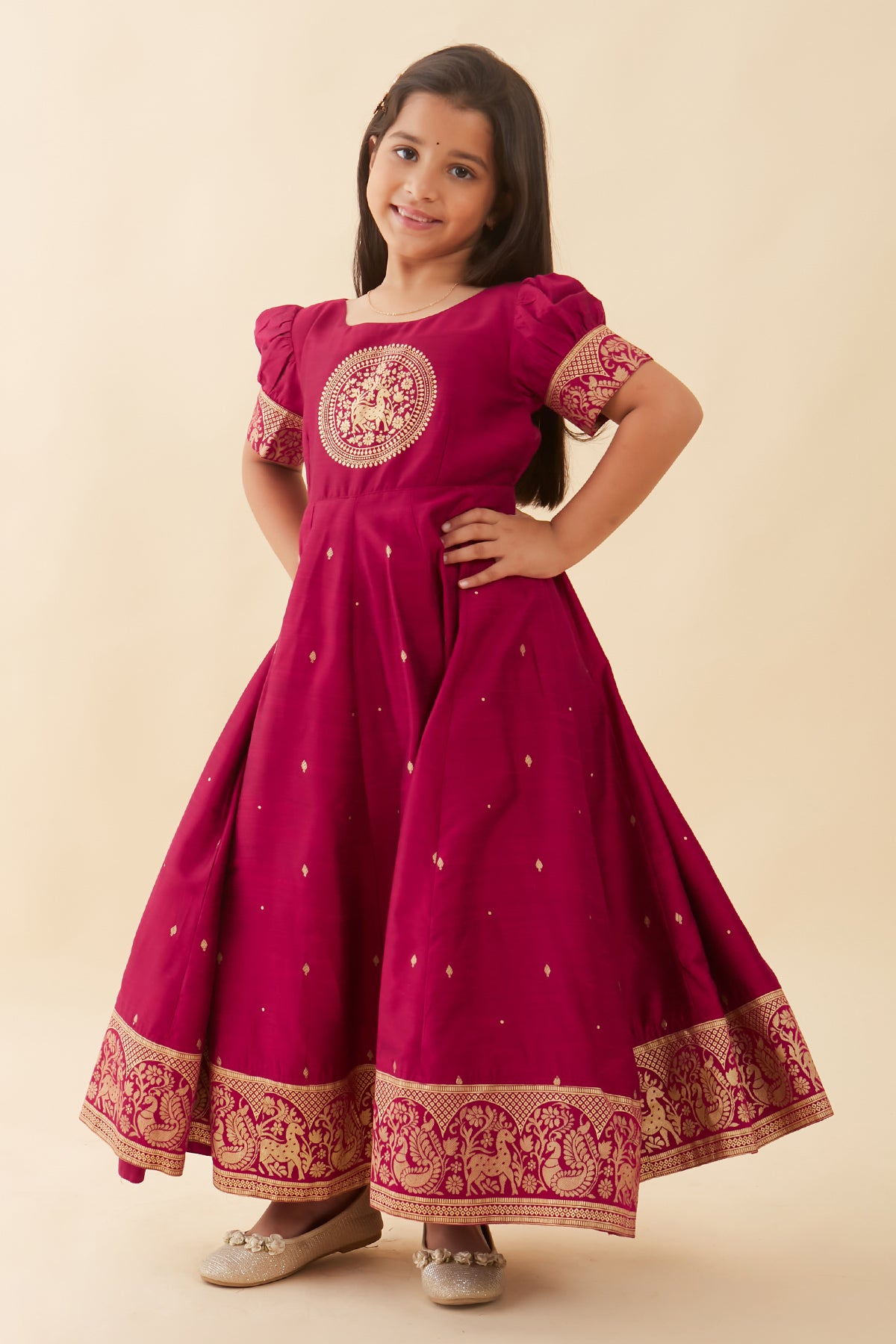 Mandala Printed Placement With Peacock Printed Border Anarkali Magenta
