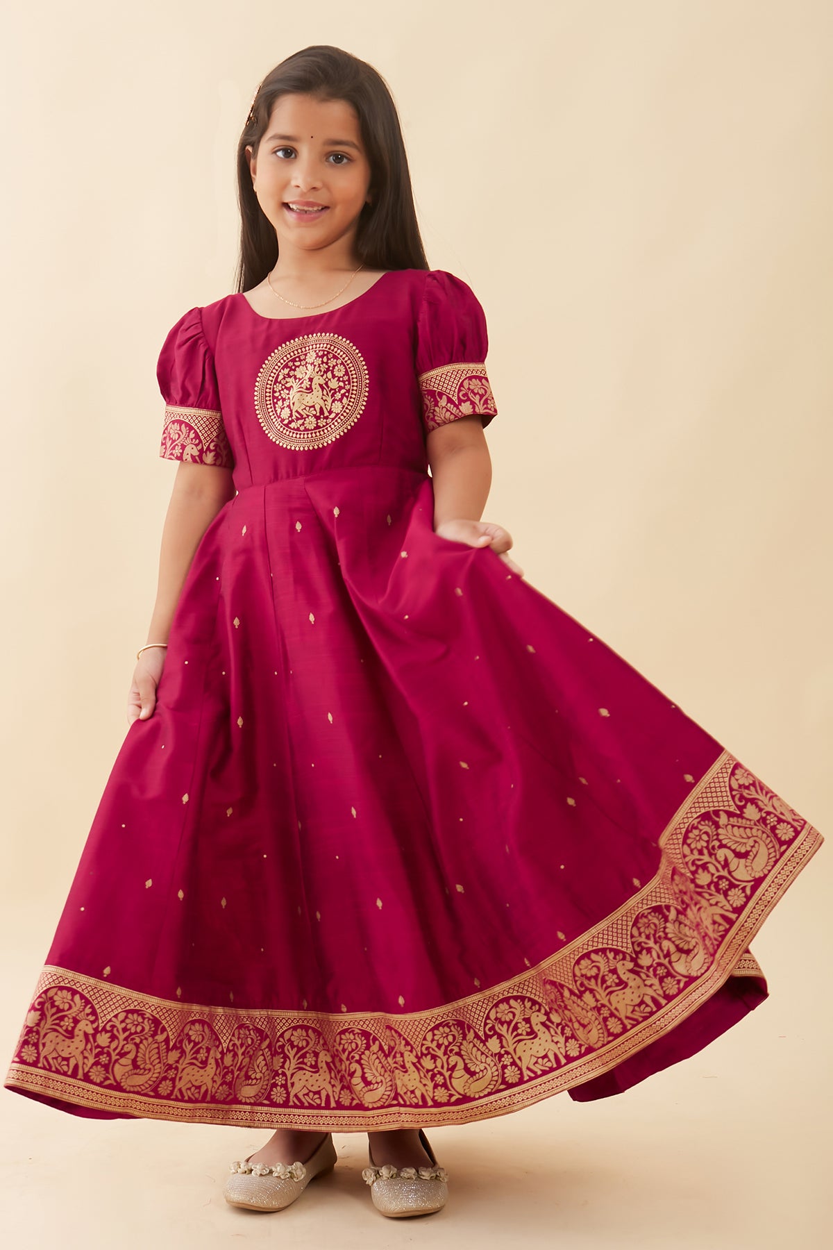 Mandala Printed Placement With Peacock Printed Border Anarkali Magenta
