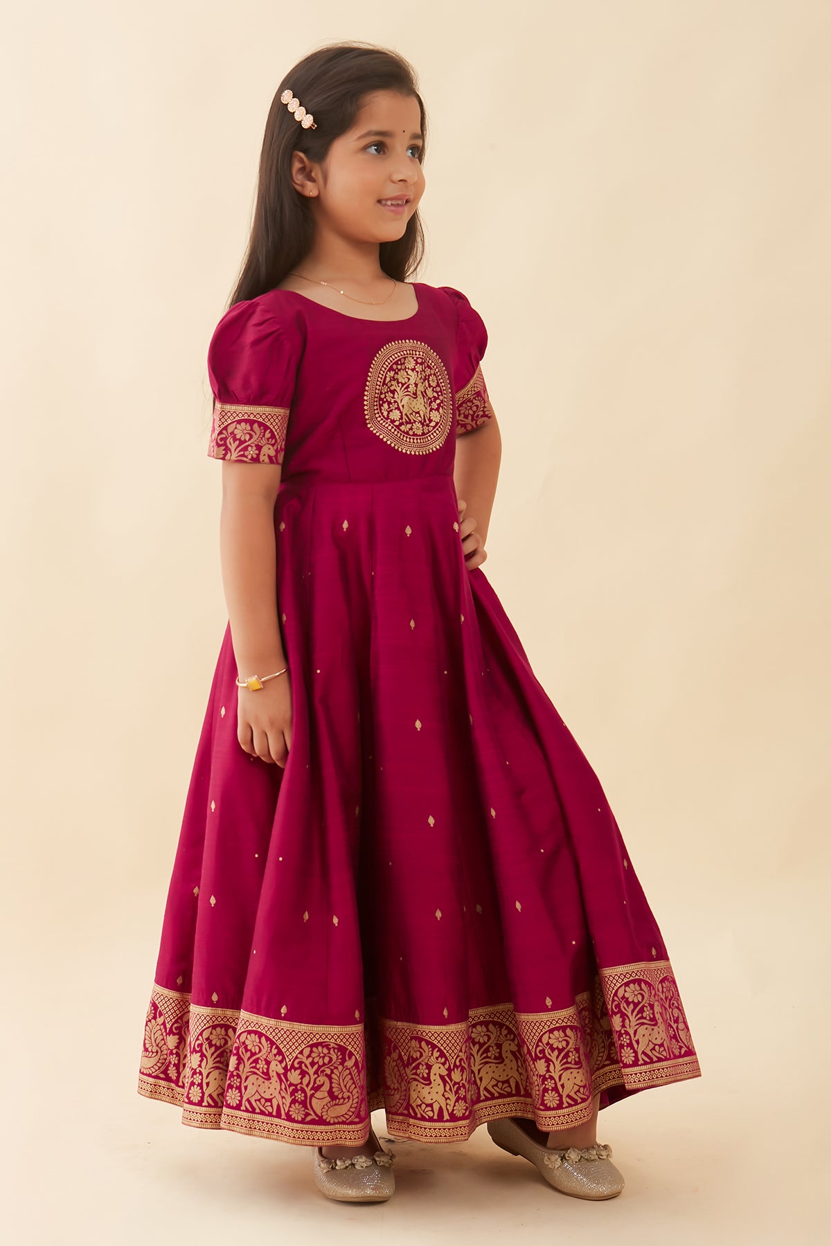 Mandala Printed Placement With Peacock Printed Border Anarkali Magenta
